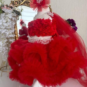 Red First Birthday Dress, Christmas Pageant Girl Dress, Tulle Dress with Claps, Toddler Party Dress, Girl Wedding Dress, Tutu Baby Dress