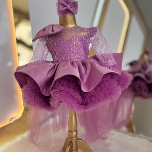 Purple Baby Girl Birthday Party Dress, Purple Tulle Toddler Dress with Train, Glitz Pageant Dress, Kids Prom Dress, Flower Girl Dress