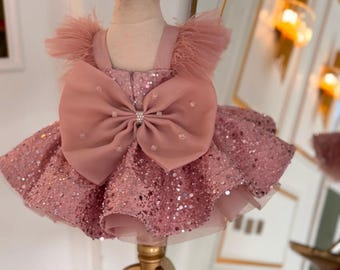 Luxury Blush Pink Flower Girl Dress | Baby Girl Birthday Dress | Dusty Rose Sequin Princess Dress | Toddler Party Dress | Wedding