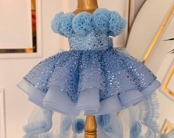 Luxury Blue Flower Girl Dress | Cinderella Dress | Baby Girl Princess Dress | First Birthday Dress | Toddler Party Dress | Handmade Couture