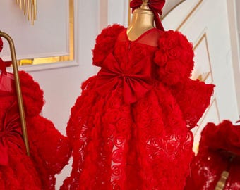 Rote Baby-Tüll-Party-Abnutzung, kleines Mädchenkleid mit Schleppe, rotes Prinzessinnenkleid, Kleinkind-Mädchen-Weihnachtskleid, rotes Geburtstagskleid für Mädchen