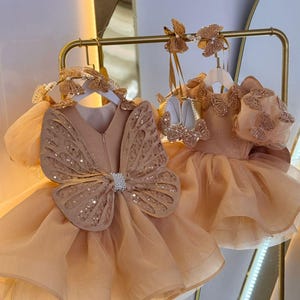 Gold Baby Girl Butterfly Dress, Puffy Princess Dress, Toddler Girl Dress, Kids Prom Dress, 1st Birthday Party Dress, Girl Tulle Dress