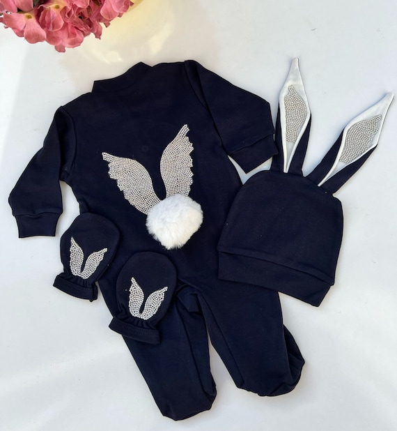 Navy Blue Rabbit Baby Boy Outfit: 100% Cotton Newborn Set