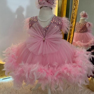 Pink Baby Sequined Dress With Ribbon, Feather Puffy Toddler Dress, Pageant First Birthday Dress, Cute Princess Dress With Claps