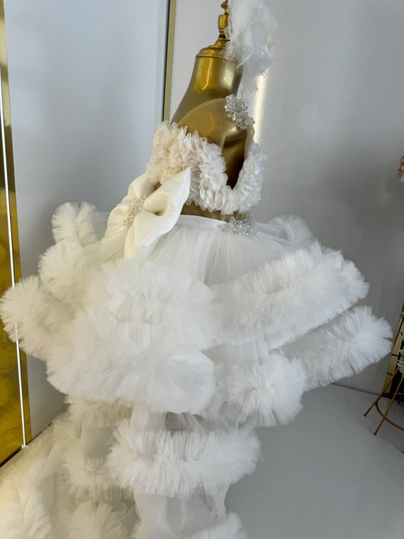 White Toddler Pageant Dress With Trainer, First Birthday Party