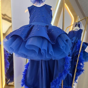 Blue Baby Girl Dress with Train, Puffy Baby Dress for Girl, Toddler Pageant Dress, Kids Prom Dress, Birthday Party Dress,Blue Princess Dress