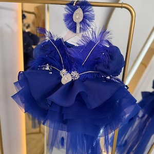 Blue Baby Girl Dress with Feather, Baby Glitz Pageant Dress, Princess Dress, Puffy Baby Dress, 1st Baby Birthday Dress, Toddler Prom Dress
