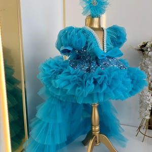 Blue Princess Dress with Train, Blue Girl Pageant Dress, Toddler Princess Dress, Tulle Baby Girl Dress, Birthday Party Dress,Kids Prom Dress
