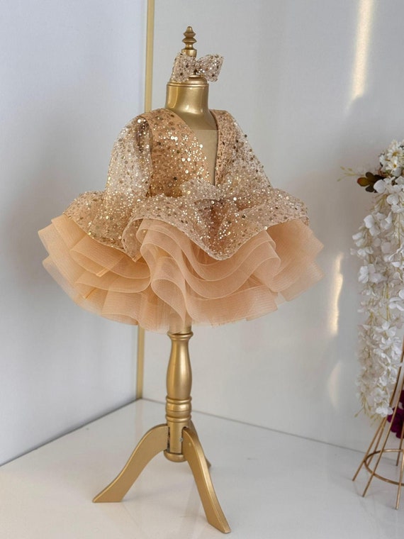 Gold Sequin Tulle Baby Dress: Handmade Princess Pageant Gown