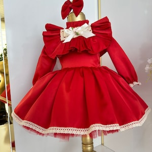 Red Victorian Baby Girl Satin Dress with Lace, Christmas Holiday Dress, Baby Puffy Dress, Baby Party Dress, Baby Dress for Special Occasion