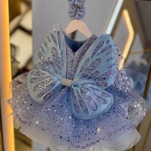 Blue Butterfly Baby Girl Dress, 1st Birthday Party Dress, Blue Baby Pageant Dress for Girl, Tulle Blue Baby Dress, Puffy Toddler Dress