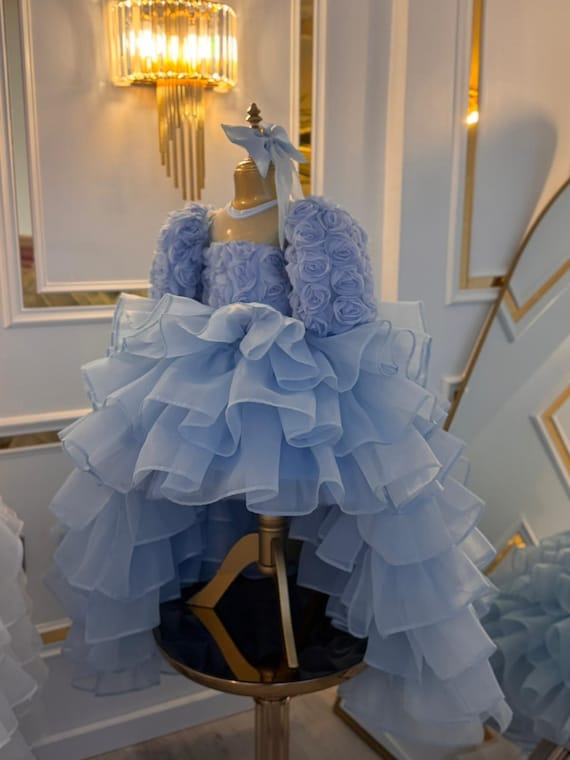 Blue Toddler Prom Dress with Train, Kids Special Occasion Dress, Tulle Toddler Girl Dress, Puffy Princess Dress, Blue Flower Girl Dress