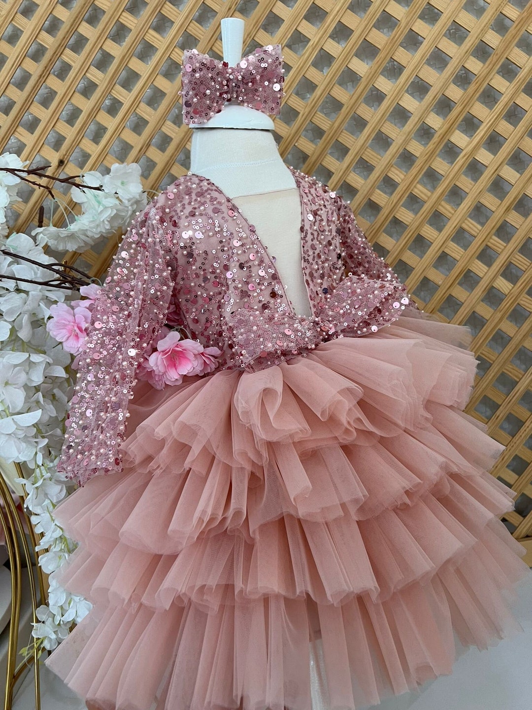 Pink Sequined Puffy Dress, Baby Flower Dress, Girl 1st Birthday Dress