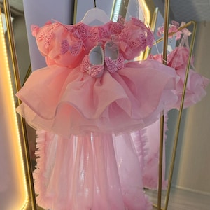 Puede incluir: Un vestido de beb&eacute; rosa con una falda en capas y detalles de mariposas. El vestido se exhibe con zapatos y una diadema a juego, todos adornados con delicados detalles de mariposas. El vestido est&aacute; colgado de una percha blanca.