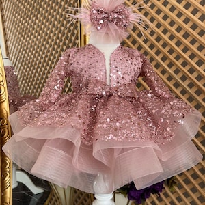 Pink Sequined Baby Girl Dress, Girl Tutu Dress, Baby Puffy Dress, Princess Dress, Toddler Party Dress, 1st Birthday Dress