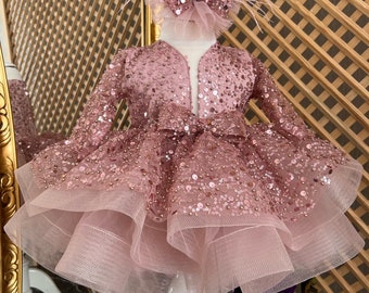 IWEMEK Girl's Birthday Cake Smash Dress – Shiny Stripes Long Sleeve Tutu Princess Dress For 1st, 2nd, 3rd Birthday Photos