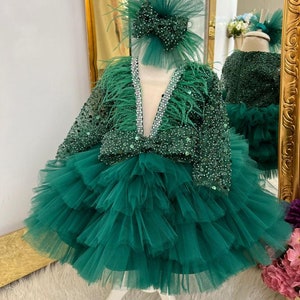 Emerald Sequined Baby Birthday Dress, Puffy Toddler Dress, Girls Tutu Dress, Princess Dress For Her First Birthday, Photoshoot Dress