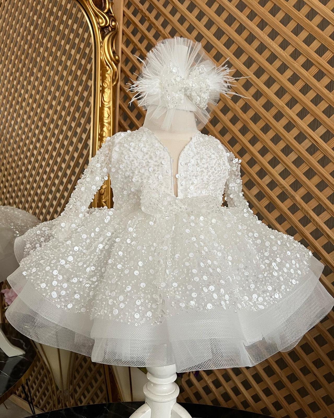 White Tulle Baptism Puffy Dress, White Baby Wedding Dress