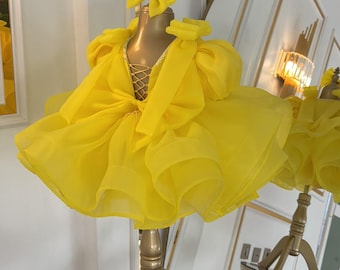 Luxury Yellow Flower Girl Dress | Baby Girl Princess Dress | First Birthday Dress | Toddler Party Dress | Handmade Couture Dress | Weddin