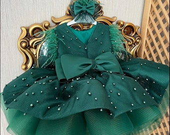 Green Baby Holiday Dress, Baby Fancy Girl Dress, Baby Girl Puffy Dress, Toddler Birthday Party Dress, Photoshoot Dress