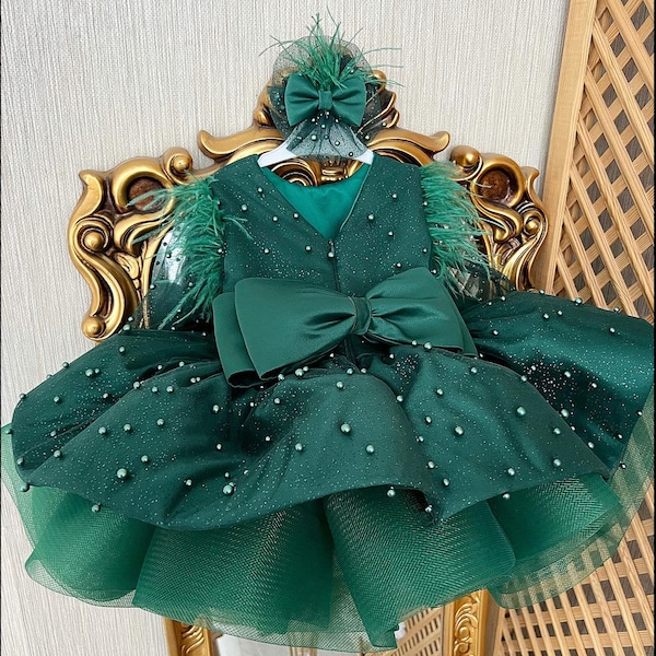 Green Baby Holiday Dress, Baby Fancy Girl Dress, Baby Girl Puffy Dress, Toddler Birthday Party Dress, Photoshoot Dress