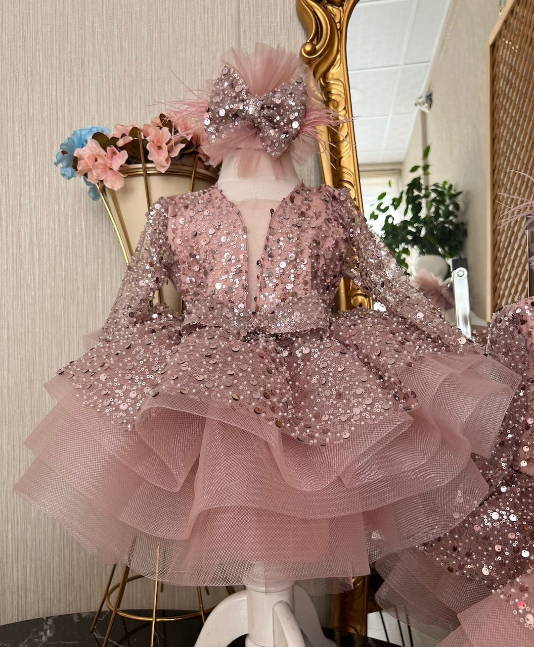 Pink Sequined Baby Puffy Dress, Baby Girl Dress, Girl Tutu Dress