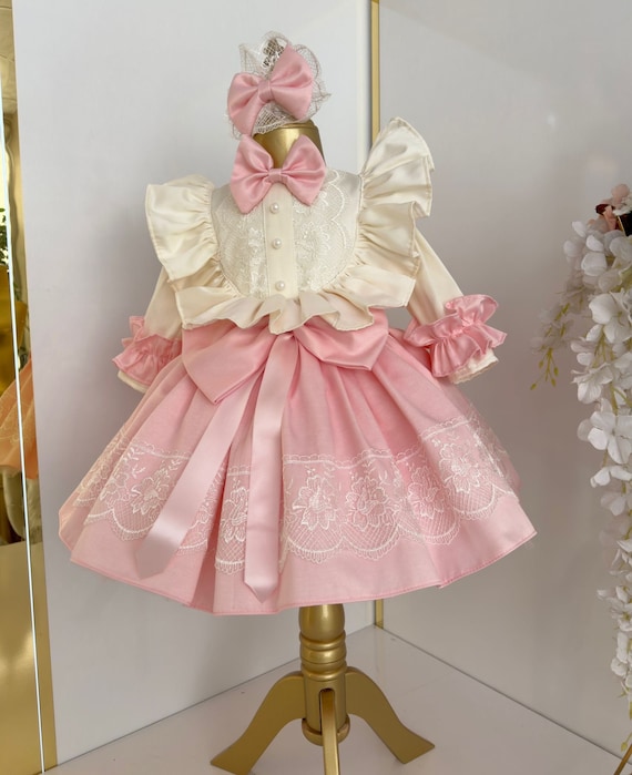 Pink and White Victorian Style Baby Dress, Baby Girl Dress for