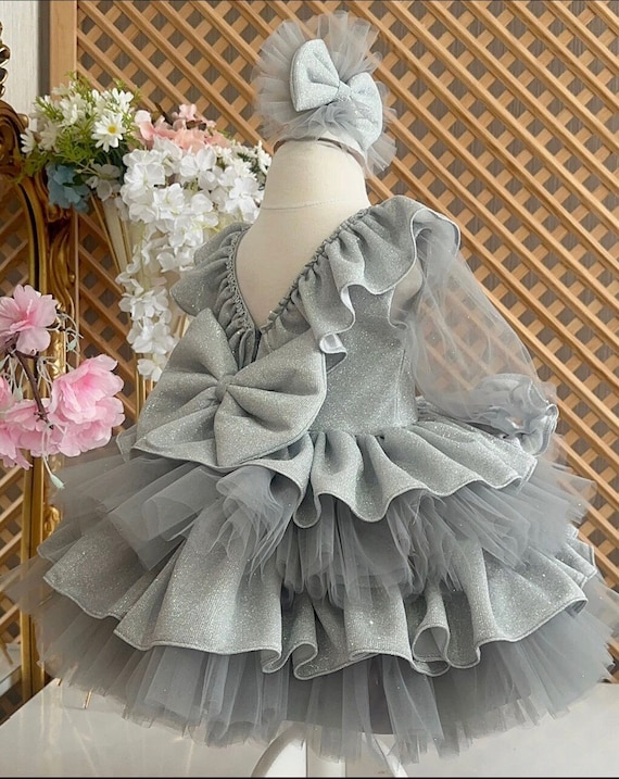 Gray Baby Wedding Dress, Gray Tulle Puffy Dress, Baby Girl Dress - Main Image