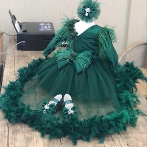 Green Baby Girl Flower Girl Dress Train, Baby Birthday Puffy Dress, Baby Photoshoot Dress, Toddler Party Dress, Tulle Girls Holiday Dress