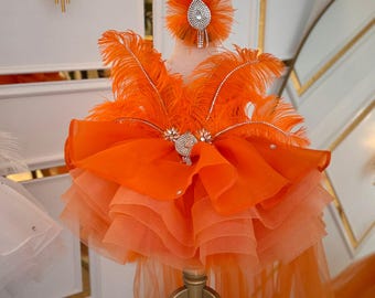 Vestido naranja para niña con cola, vestido de princesa naranja, vestido para ocasiones especiales, vestido de fiesta infantil, vestido de desfile para niña pequeña