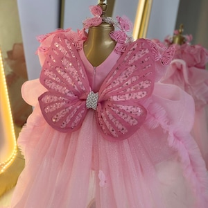 Puede incluir: Un vestido rosa con tem&aacute;tica de mariposas, con grandes alas de mariposa en el corpi&ntilde;o y una diadema a juego. El vestido tiene una falda de tul en capas y est&aacute; adornado con lentejuelas y pedrer&iacute;a.