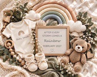 May include: A cream-coloured ribbed baby bodysuit with a rainbow graphic and the text Baby Smith, a wooden sign reading AFTER EVERY STORM COMES A Rainbow FEBRUARY 2027, a crochet teddy bear, knit booties, a rainbow decor piece, and greenery.