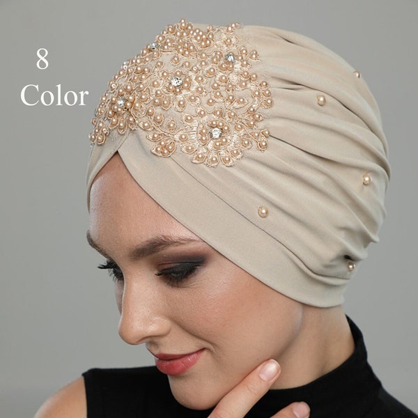 Turban Hat - Turban Headwrap femme - Turbans de mode, Coiffure de soirée beige, Echarpe de perte de cheveux, Couvre-chef de chimio, Cadeau de chimiothérapie