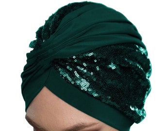 Bright Green Sequin Turban Hat, Abaya Scarf, Hijab for Weddings and Special Occasions. Boho Spangle Navy Blue Chemo Hats, Black Slip Hijab