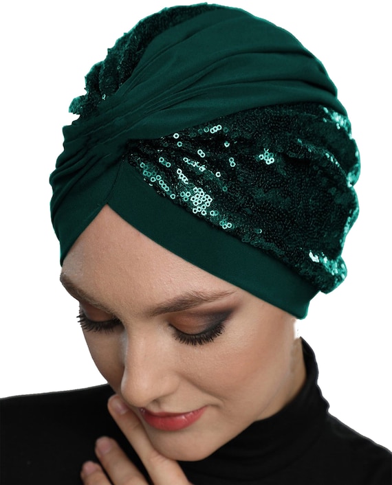 Chapeau turban à paillettes vert vif, foulard Abaya, hijab pour mariages et  occasions spéciales. Boho Spangle Bleu Marine Chemo Chapeaux, Black Slip  Hijab -  France