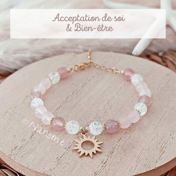 Self-Acceptance and Well-Being Bracelet, Rose Quartz, Strawberry Quartz, Rock Crystal, fine gold bracelet, handmade, lithotherapy bracelet