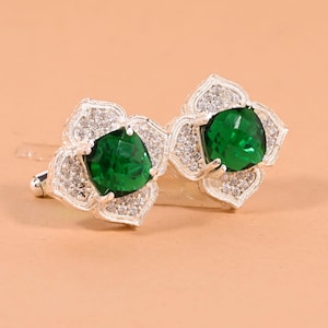 Vintage Green Crystal Cufflinks: Silver Gemstone Wedding Groomsmen Gift