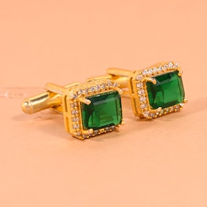 Emerald Green Stone Cufflinks: Gold Polished Wedding Cufflinks