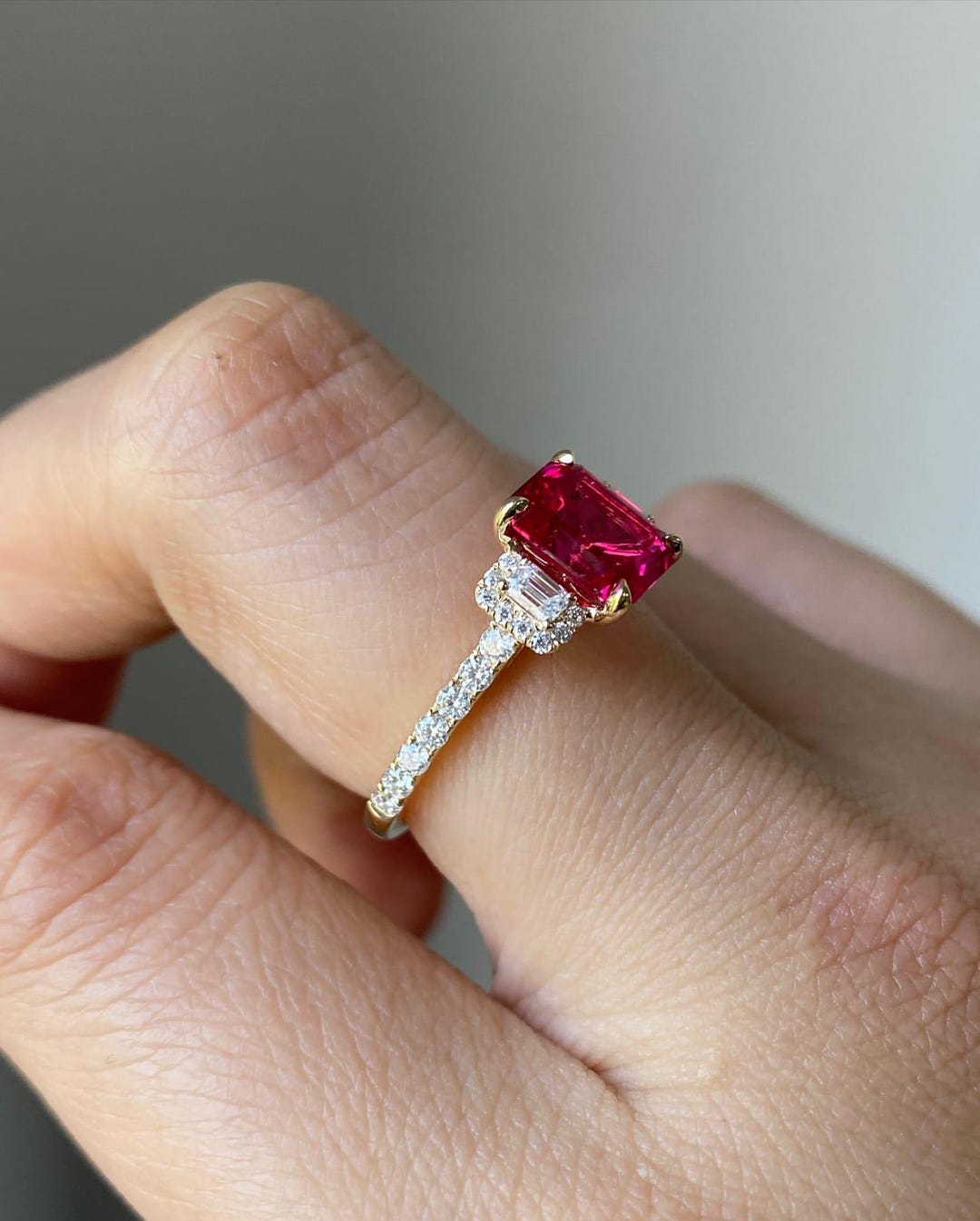 Lab Grown Ruby Ring, White AD Stones, 925 Sterling Silver - Etsy