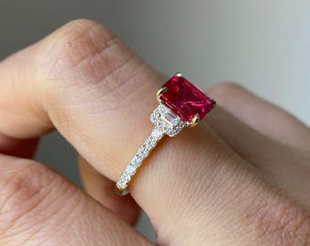 Lab Grown Ruby Ring, White AD Stones, 925 Sterling Silver