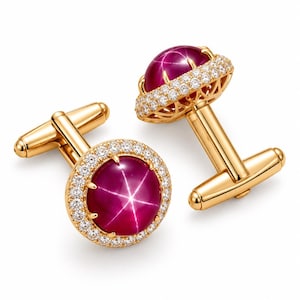 Natural Ruby Star Cufflinks, Gold Tone Luxury Cuff Links, Red Gemstone Men's Formal Accessories, Wedding Gift, Groom Gift, Luxury Jewelry