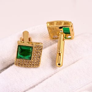 Emerald Green Stone Cufflinks: Polished Gold Wedding Jewelry
