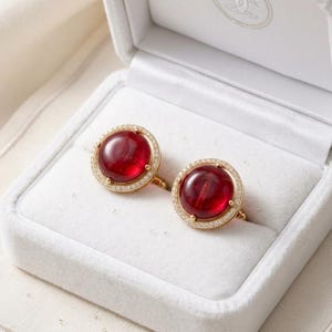 Gemelos de piedra preciosa roja para hombre, gemelos de boda en tono dorado, joyería formal de lujo, regalo para el novio, accesorios de aniversario.