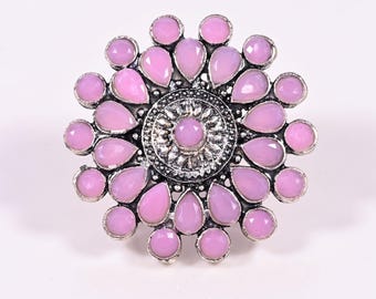 Pink Gemstone Brass Ring Adjustable Fancy Statement Ring Boho Vintage Indian Jewelry