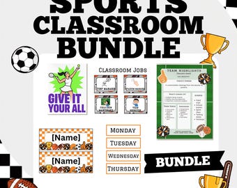 Editable Sports Classroom Bundle | Name Tags, Rolling Cart Labels (Canva Template)