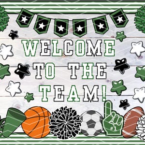 Printable Welcome To The Team Bulletin Board | Teacher Decor | Cheer Poms, Sports Theme, Green, White and Black, Football, Basketball