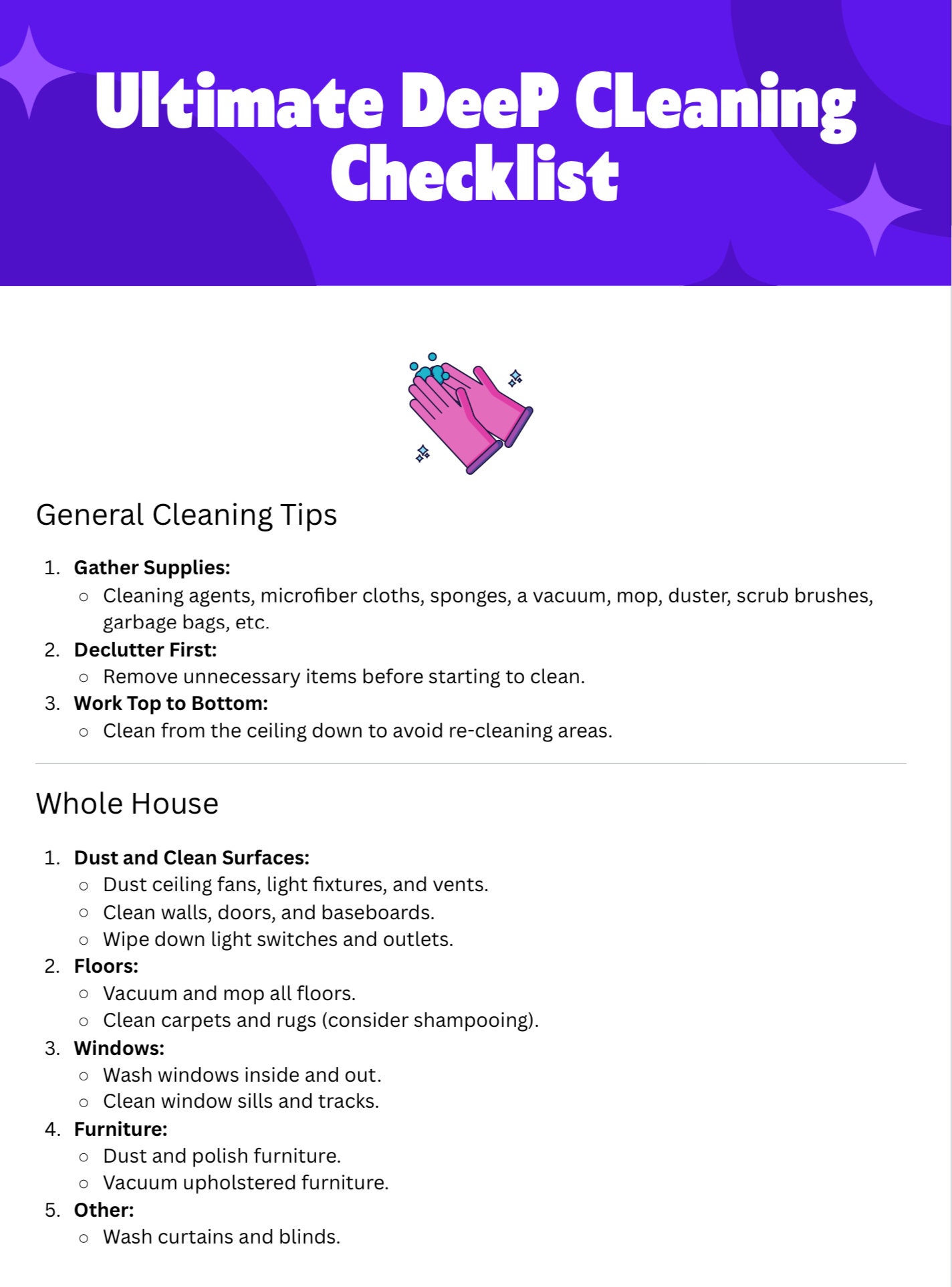 Deep Clean Checklist - Detailed Whole Housecleaning Guide - Etsy