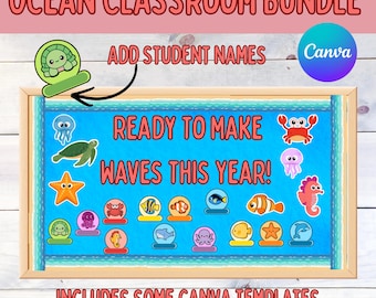 Ocean Themed Classroom Bulletin Board and Name Tags Canva Template
