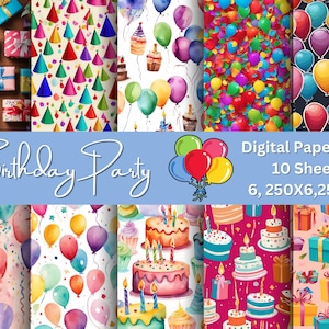 Happy Birthday Party Digitales Papier Set - 10 helle Designs | Scrapbooking, Kartengestaltung, Luftballons, Kuchen, Geschenke, Konfetti,