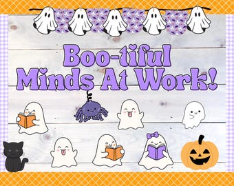 Printable Reading Halloween Classroom Bulletin Board: "Boo-tiful Minds" Ghost Reading Display (Digital Download)